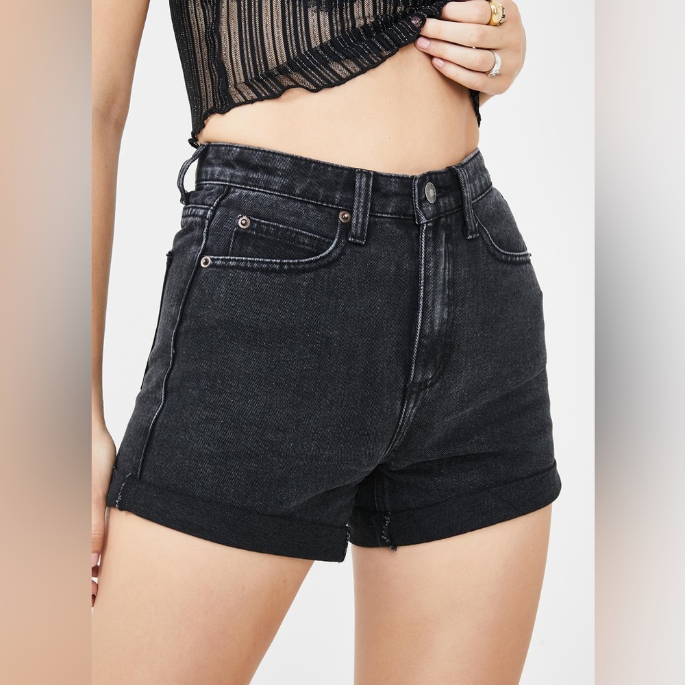 MOMOKROM Washed Black Roll Hem Mom Shorts